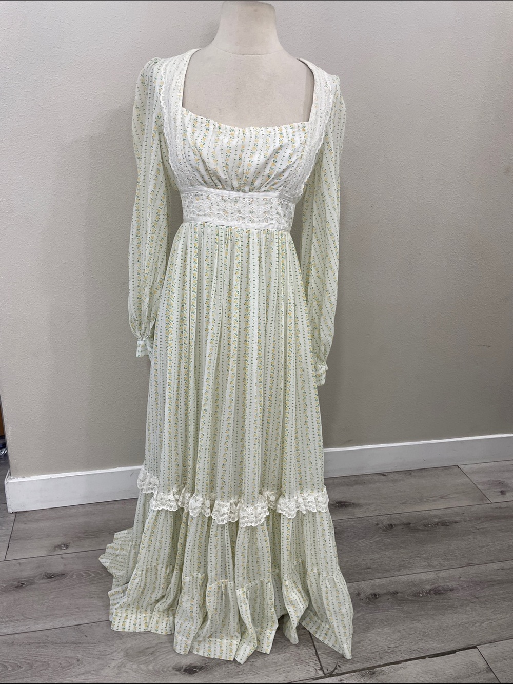 Gunne Sax Pale Green Floral Maxi Dress with Lace Trim